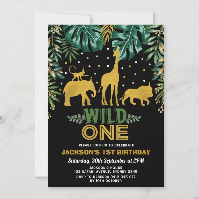 Invitation Ęr anniversaire un/or de jungle d'animaux sauvages (Devant)