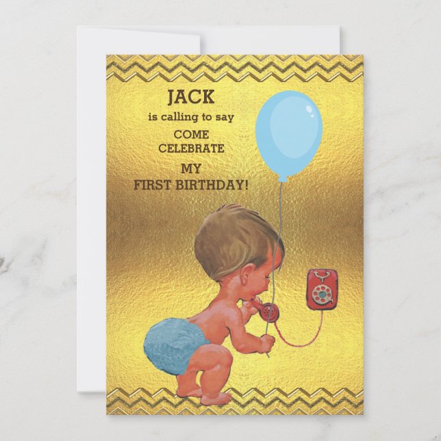 Invitation ęr Chevrons d'or de ballon de téléphone de bébé (Devant)