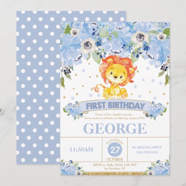 Invitation ęr Floral bleu de lion de garçon d'invitation (Devant / Derrière)