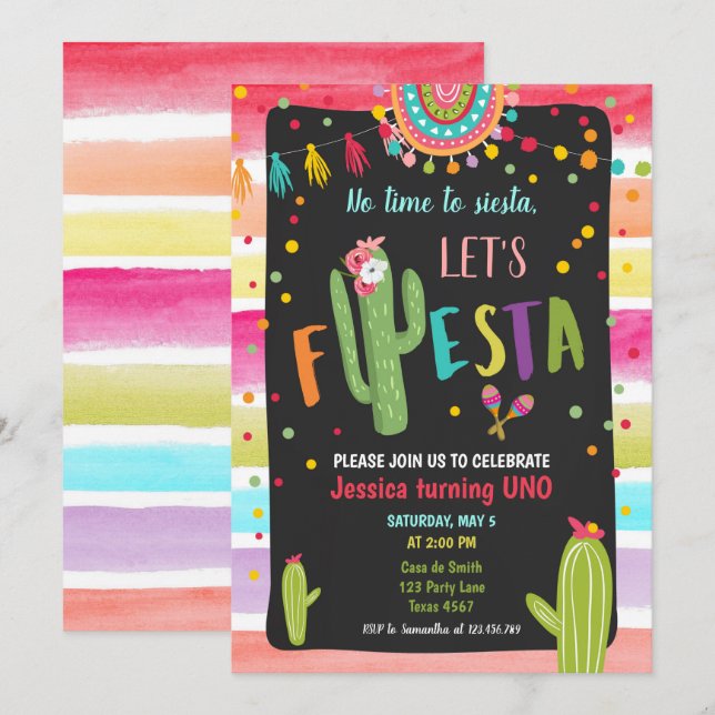 Invitation Ęr premier anniversaire de fiesta de cactus (Devant / Derrière)