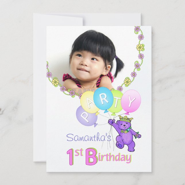Invitation ęr Princesse pourpre Bear de fête d'anniversaire (Devant)