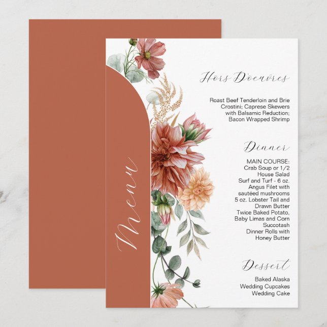 Invitation erracotta et Peach Automne Floral Mariage Menu (Devant / Derrière)