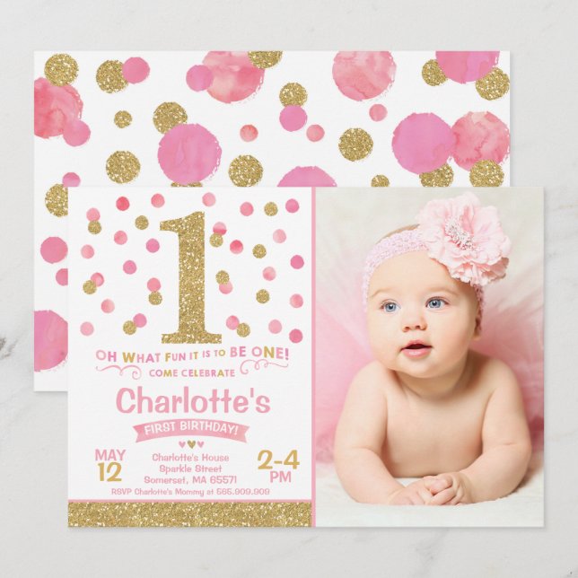Invitation Ęrs rose d'invitation d'anniversaire de fille et (Devant / Derrière)