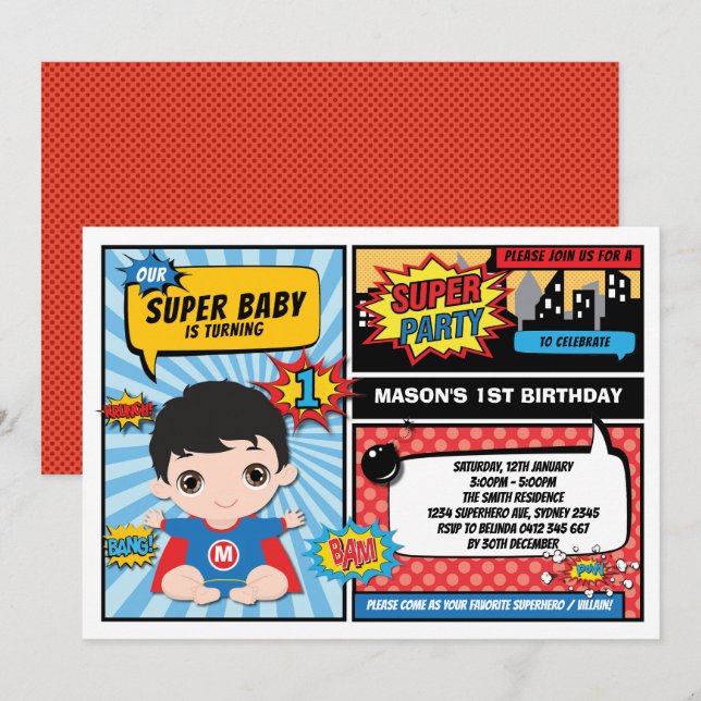 Invitation Ęrs super héros de bandes dessinées de fête (Devant / Derrière)