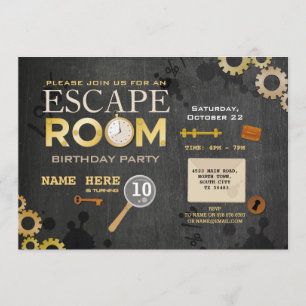 Invitation Escape Room Anniversaire Fête Clues Cogs Keys Phot