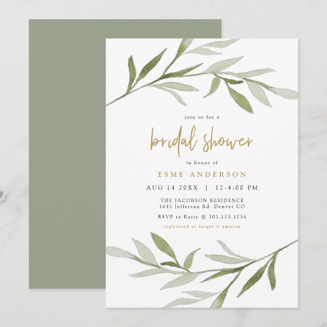 Invitation ESME Bohemian Green & Gold Fête des mariées (Devant / Derrière)