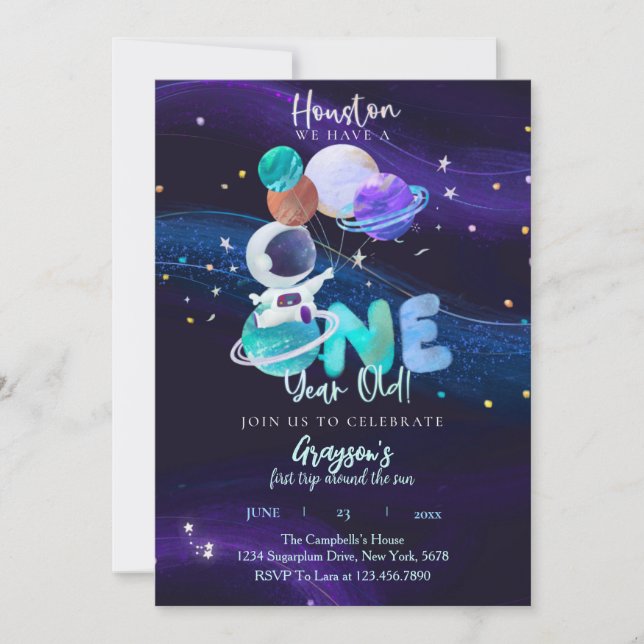 Invitation Espace 1er Anniversaire Galaxie Espace extra-atmos (Devant)