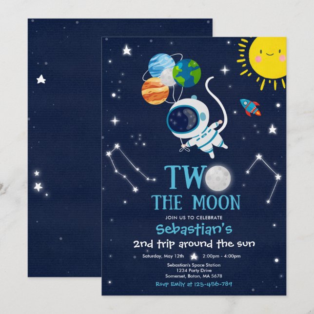 Invitation Espace Extérieur 2e Fête Anniversaire L'astronaute (Devant / Derrière)