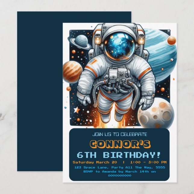 Invitation Espace extra-atmosphérique Anniversaire Astronaute (Devant / Derrière)
