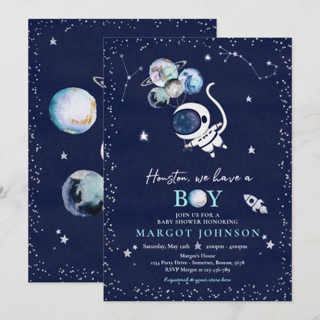 Invitation Espace extra-atmosphérique Baby shower de garçon G (Devant / Derrière)