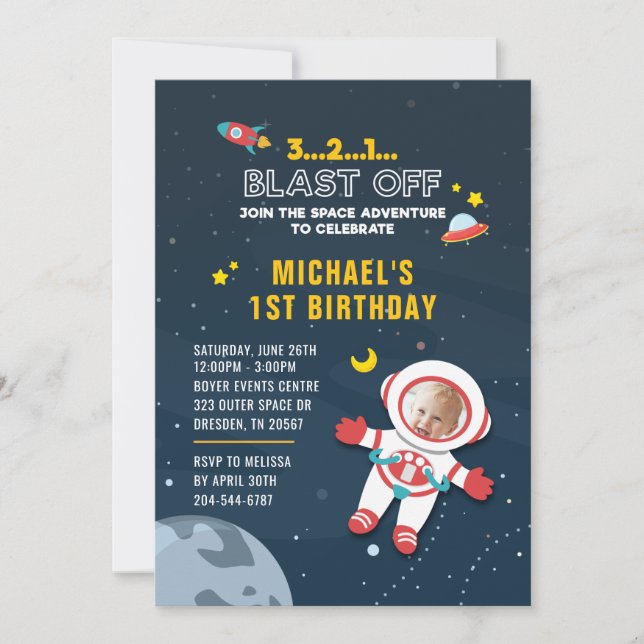 Invitation Espace extra-atmosphérique et astronaute 1er anniv (Devant)