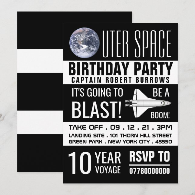 Invitation Espace extra-atmosphérique, fête d'anniversaire po (Devant / Derrière)
