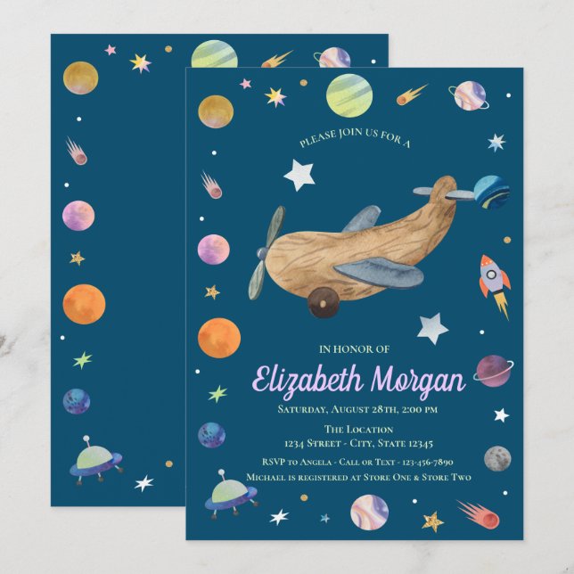 Invitation Espace extra-atmosphérique Galaxy Baby shower de j (Devant / Derrière)