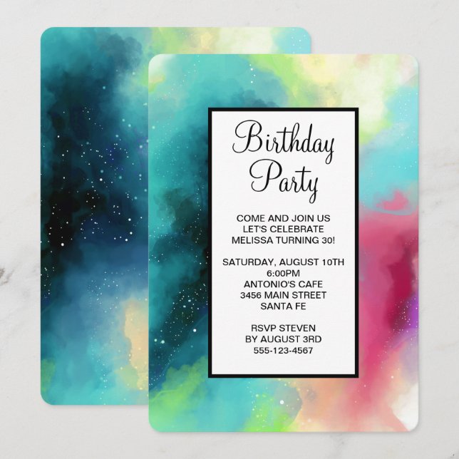 Invitation Espace Nébulaire Vert et Rouge Moderne Aquarelle (Devant / Derrière)