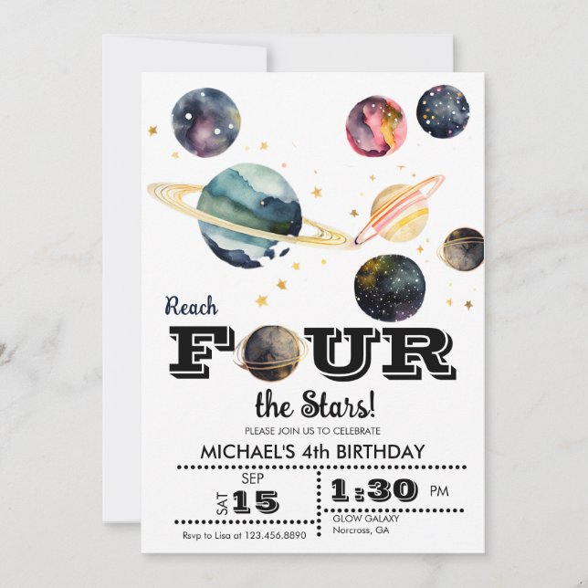 Invitation Espace | Planètes et étoiles | 4e anniversaire (Devant)