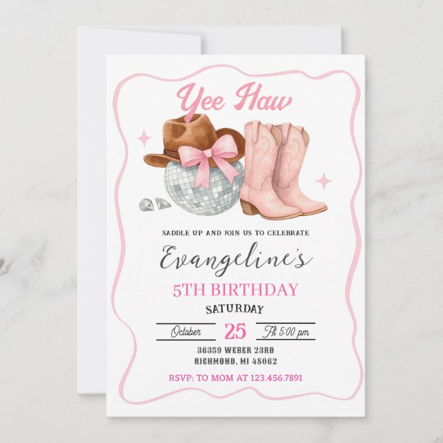 Invitation Espace Rodéo Rose Personnalisé Cowgirl Disco Anniv (Devant)