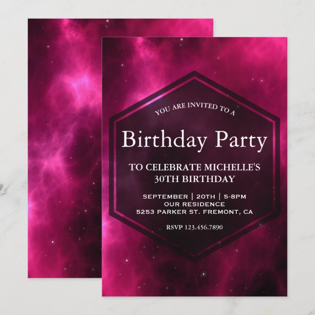 Invitation Espace rose chaud moderne Galaxie fête d'anniversa (Devant / Derrière)
