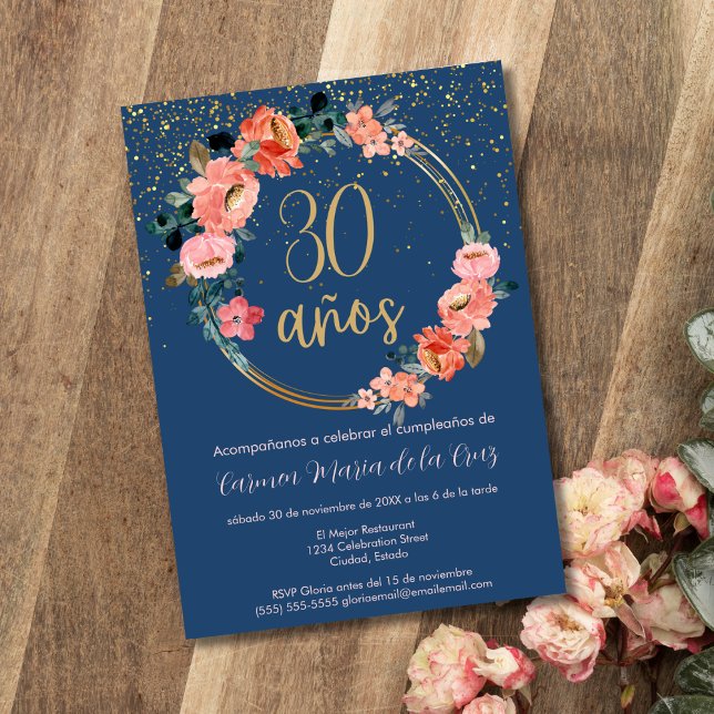 Invitation Espagne Blue Gold Chic Floral 30e fête d'anniversa (Créateur téléchargé)
