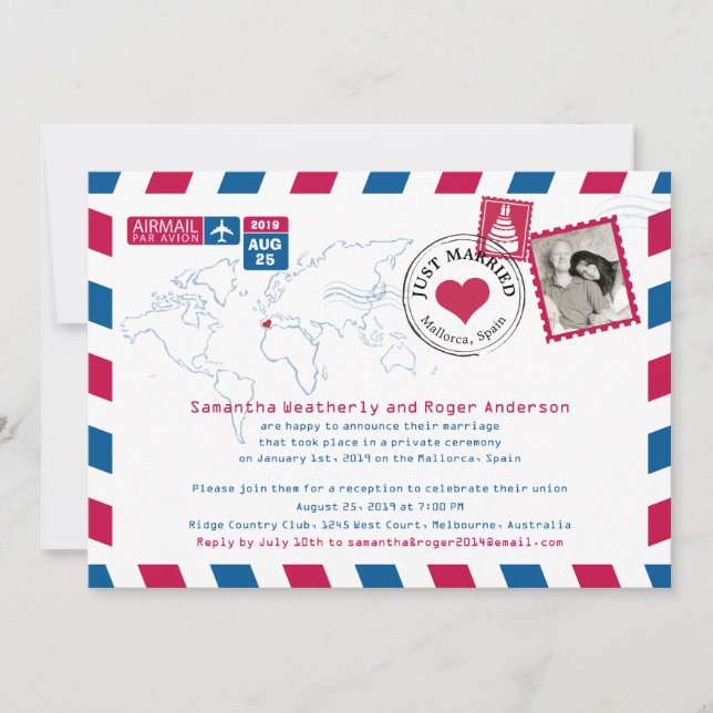 Invitation Espagne Réception de mariage par avion postal (Devant)