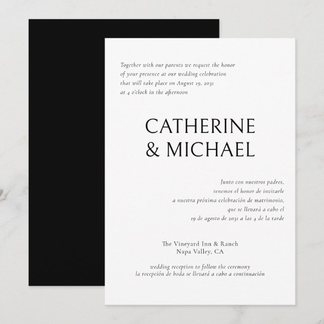 Invitation Espagnol Anglais Bilingue Élégant Mariage classiqu (Devant / Derrière)