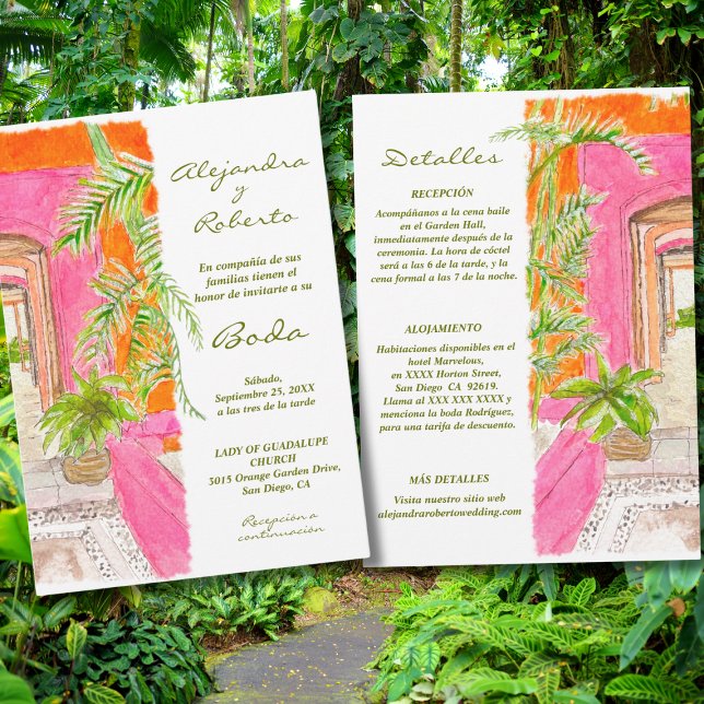 Invitation Espagnol Aquarelle Tropic Rose W/ Détails Mariage (Créateur téléchargé)
