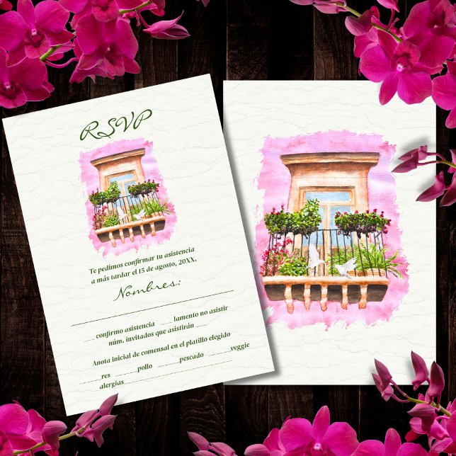 Invitation Espagnol, Aquarelle Ville Balcon Mariage mexicain (Créateur téléchargé)