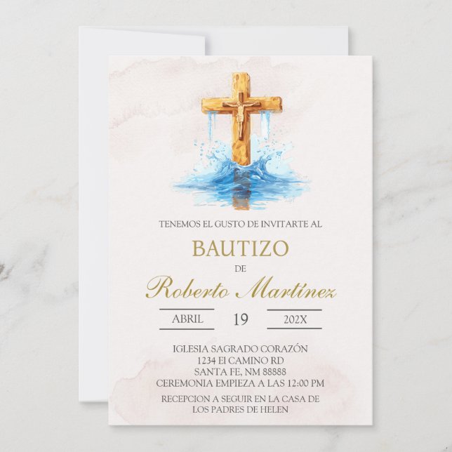 Invitation Espagnol avec croix bleue baptême (Devant)