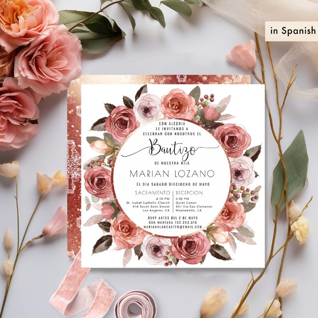 Invitation Espagnol, Baptême, Floral d'or Rose (Créateur téléchargé)