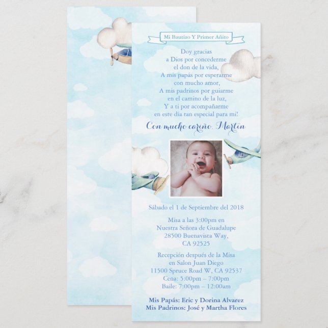 Invitation Espagnol Bautizo 1er Año Baptême 1er anniversaire (Devant / Derrière)