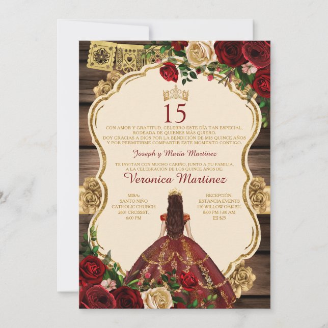 Invitation Espagnol Bourgogne princesse Floral Wood 15 Años (Devant)