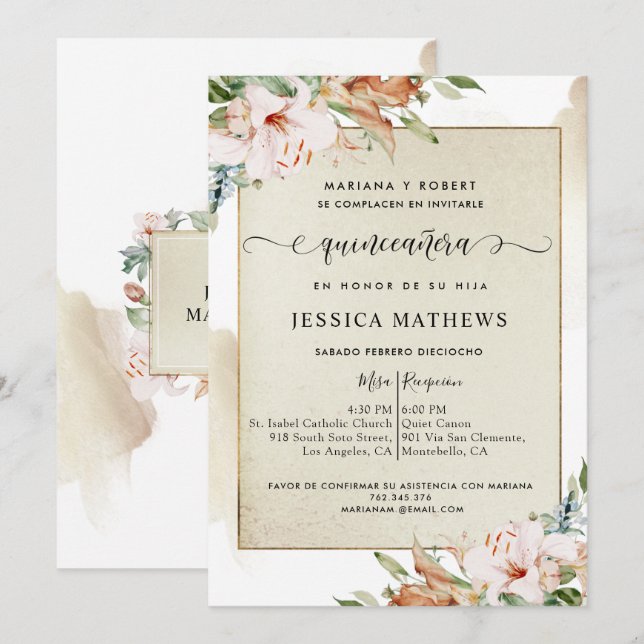 Invitation Espagnol, Champagne et Blush Quinceañera Floral (Devant / Derrière)