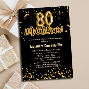 Invitation Espagnol Chic Confettis Noir et Or 80ème Anniversa