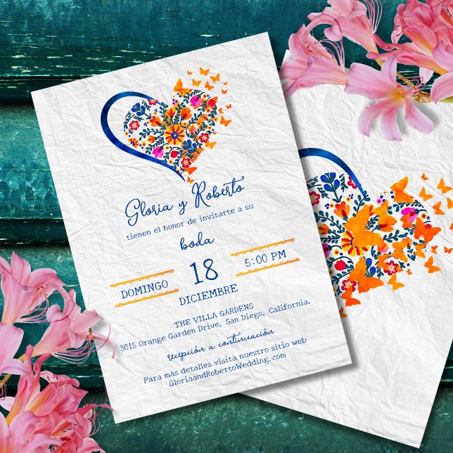 Invitation Espagnol, Coloré Floral Heart Mariage mexicain (Créateur téléchargé)