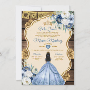 Invitation Espagnol Dusty Blue Floral Wood Quiñceanera