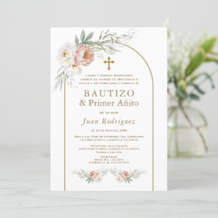 Invitation Espagnol Dusty Fleurs Roses Baptême 1er anniversai