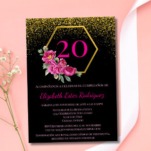 Invitation Espagnol Elégant Black Gold Rose 20e anniversaire