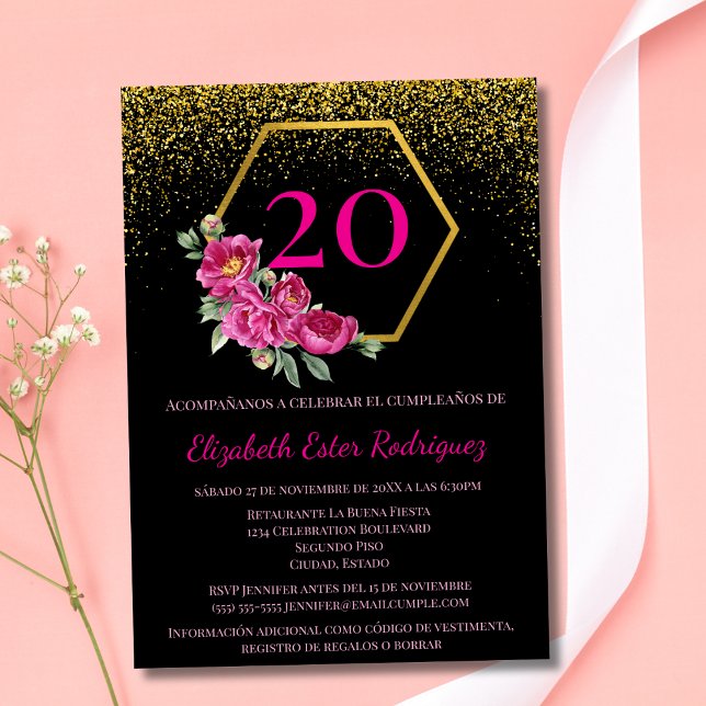Invitation Espagnol Elégant Black Gold Rose 20e anniversaire (Créateur téléchargé)