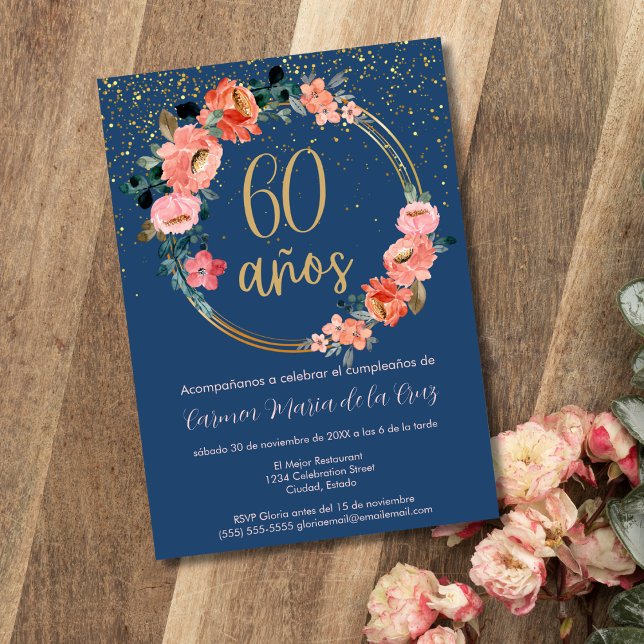 Invitation Espagnol Elégant Blue Floral 60e fête d'anniversai (Créateur téléchargé)