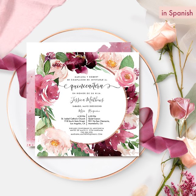 Invitation Espagnol Elégant Bourgogne Rose Blush Quinceanera (Créateur téléchargé)