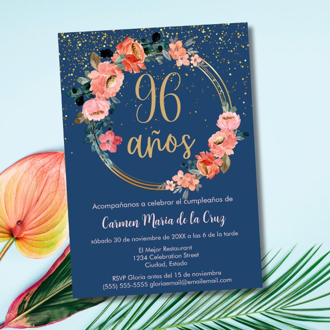 Invitation Espagnol Élégant Chic Bleu rose 96e anniversaire (Créateur téléchargé)