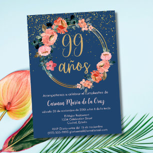 Invitation Espagnol Élégant Chic Bleu Rose 99e Anniversaire