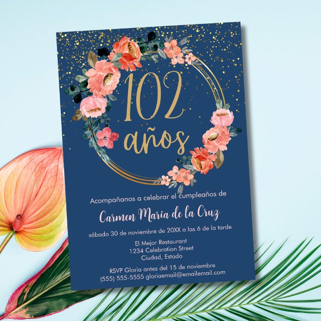 Invitation Espagnol Elegant Chic Blue Pink 102e anniversaire (Créateur téléchargé)