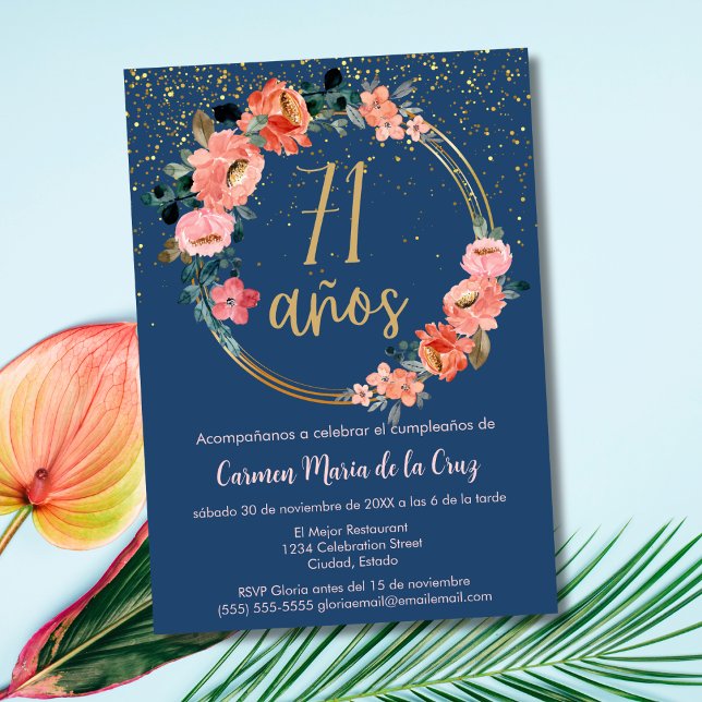 Invitation Espagnol Élégant Chic Floral 71ème fête d'annivers (Créateur téléchargé)