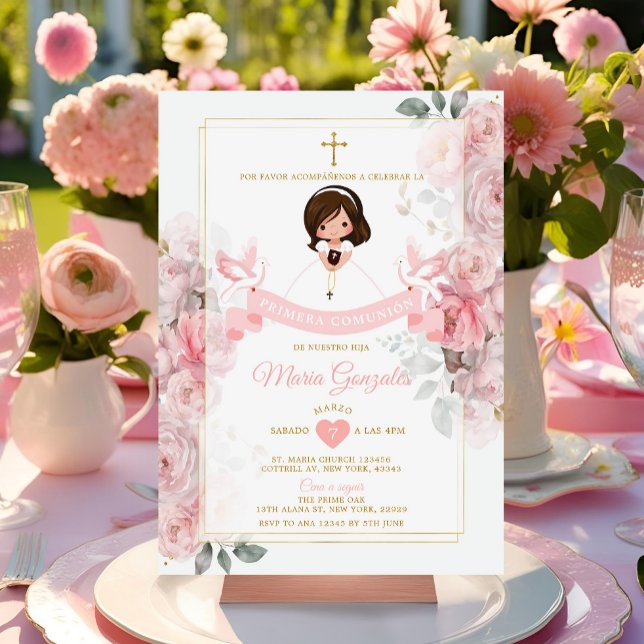 Invitation Espagnol Élégant Cute Little Girl Primera Comunión (Créateur téléchargé)