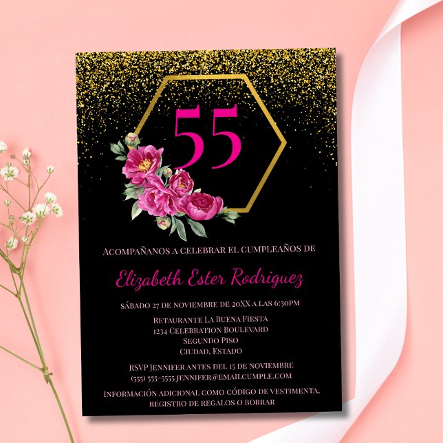 Invitation Espagnol élégant noir & or rose 55e anniversaire (Créateur téléchargé)