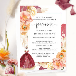 Invitation Espagnol, Elégante Bourgogne Floral Quinceañera