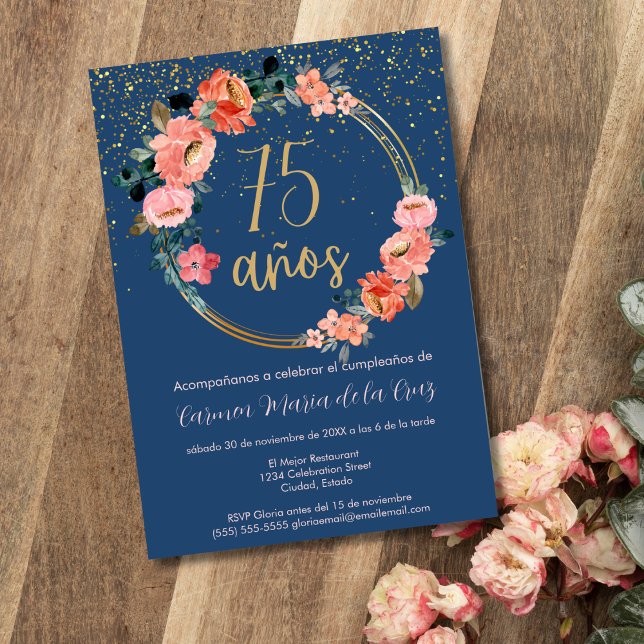 Invitation Espagnol Elégante Parties scintillant Florale 75èm (Créateur téléchargé)