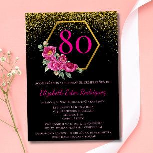 Invitation Espagnol Exquis Or Noir & Rose 80e Anniversaire
