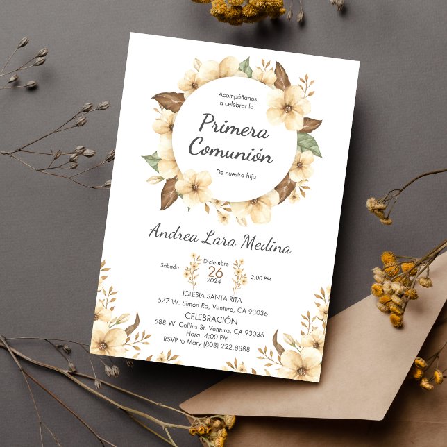 Invitation Espagnol Fleurs Jaunes mignonnes Première Communio (Créateur téléchargé)