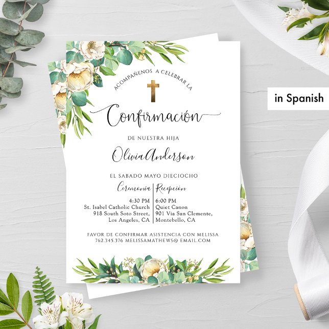 Invitation Espagnol, Floral Blanc Jaune de Verdure Confirmati (Créateur téléchargé)